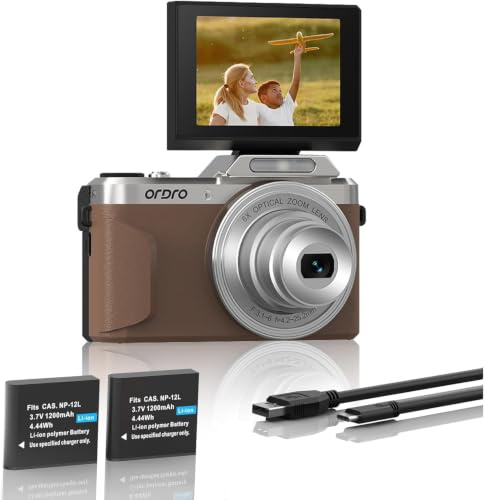ORDRO 4K Digitalkamera mit 6-Fach optischem Zoom und 180°-Klappbildschirm – Retro-Vintage-Design, wackelfreier Autofokus, eingebauter Blitz und WLAN (Brown)