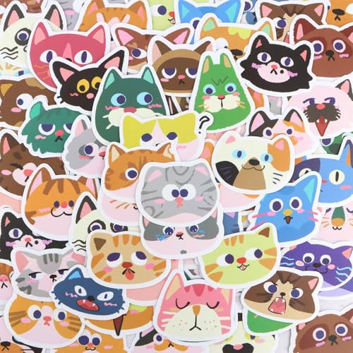 Oblihumoy 100Pcs Cartoon Cat Stickers Set, Waterproof Self Adhesive Animal Aesthetic Decals, Funny Cat Stickers for Scrapbooking Planner Journals