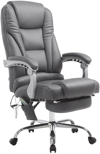 CLP Bürostuhl Pacific Kunstleder I Massage-Funktion I Ergonomisch, 360° Drehbar Mit Fußablage I Höhenverstellbar, Neigbare Rückenlehne, Farbe:grau