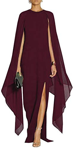 MAYFASEY, Vestido Largo Elegante de Noche para Mujer, Estilo Formal, Abertura Alta, Mangas Acampanadas, con Capa, Rojo Vino, XXL