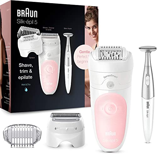 Braun Silk-épil 5 Epilator For Hair Removal, 3 In 1, Includes Shaver & Trimmer Head, Cordless, Gentle Hair Removal Setting, Wet & Dry, 100% Waterproof, 2 Pin Bathroom Plug, 5-820, White/Pink