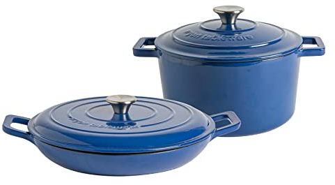 Argon Tableware Casserole Dish Cast Iron Shallow Enameled Dutch Oven Pan with Self-Basting Lid for Roasting, Braising, Stews and Curries - 4.5 Litre - Midnight Blue - 2 Sizes