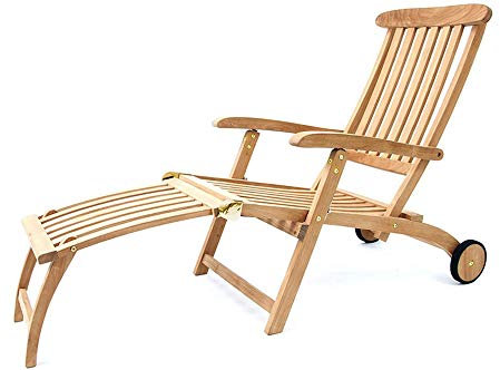 Garland® Liegestuhl mit Rollen Lehne Verstellbar Teak Holz SVLK Zertifiziert Fußablage Klappbar Ergonomisch Gartenliege Sonnenliege Deckchair Liege