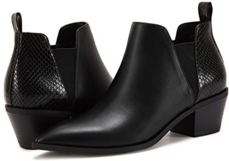 Minshluu Womens Black Ankle Boots Pointed Toe Stacked Chunky Heel Slip on Low Heel Booties