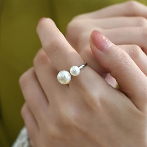 SALAN Perla De Agua Dulce Natural 925 Plata De Ley Doble Perla Apertura Anillo Ajustable Joyería De Moda para Mujer