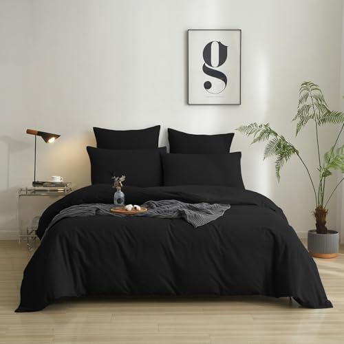 Luowei Bettwäsche 135x200 cm Baumwolle Sommer Weich Schwarz, 2-teilige | 100% Gewaschene Baumwolle Oeko-TEX Bettbezug Atmungsaktiv und Hautfreundlich mit Reißverschluss und Kissenbezug 80x80 cm