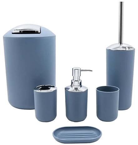 BM Set di Accessori da Bagno in Plastica, Set Accessori Bagno Completo 6 Pezzi, Dispenser, Portaspazzolino, Bicchiere, Portasaponetta, Portascopino, Pattumiera (Blu Avio)