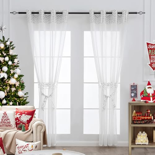 L.Z.E Vorhang Gardinen Silber Weiß für Wohnzimmer Fenster Kurz Gardine Vorhänge 175 cm Lang Transparent Modern für Schlafzimmer Esszimmer Heimbüro Kinderzimmer 2er Set 140 x 175 cm Länge