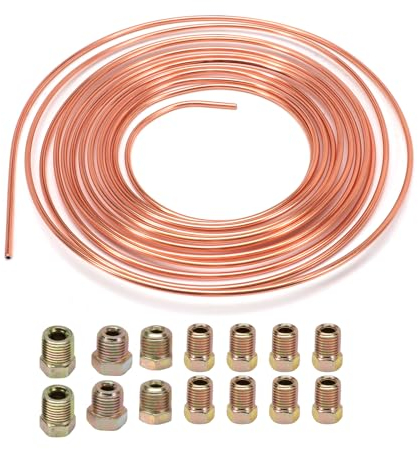 Konuooer Tubo Freno 25 Piedi/7,6 m placcatura in lega di rame Tubo Freno OD 4,75 mm, Kit di Guida Generale del Freno 3/16 di Ricambio per Auto con 16 Dadi
