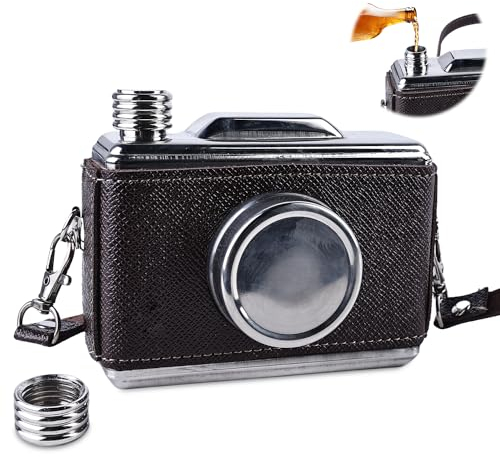 WIYETY Edelstahl Flachmann Kameraflasche: 300 ml Edelstahl-Kamera-Form Hüftflasche, 12 x 10 x 6 cm Edelstahl Flachmann, Tragbare- Auslaufsicher- Stilvoll für Männer und Frauen Geschenk (Braun)