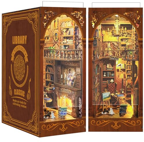 Book Nook Gör-det-själv-kit: Dockhus trä miniatyr hus kit med möbler och LED-ljus, salvia-bibliotek 3D träpussel bok Nook Kit, modellbyggsatser för personer över 14 år kreativ gåva