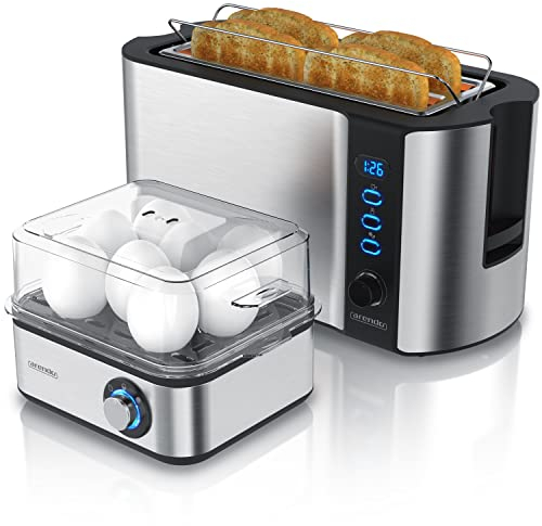 Arendo Set Ensembles grille-pain FRUKOST et cuiseur à oeufs EIGHTCOOK Inox Gris, Toaster 4 tranches écran LED 6 degrés de brunissage support viennoiserie, Cuiseur à oeufs 1-8 oeufs verre doseur