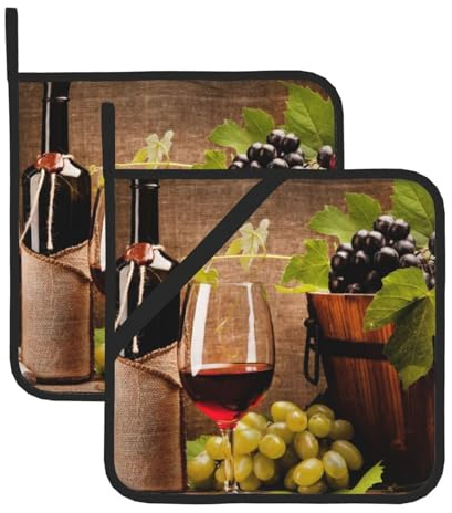 Glasses Of Wine With Wine Bottle And Grapes, Pot Holders Set Of 2,Heat Resistant Potholder Kitchen Non Slip Cooking Baking Hot Pad 20.5x20.5 cm