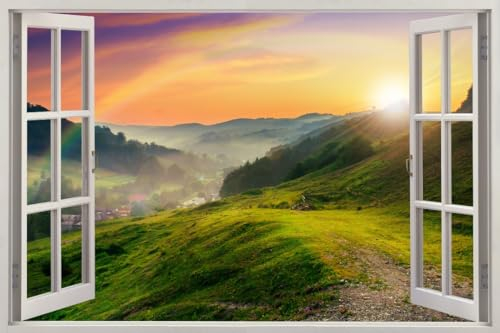HUBDECO - Wandtattoo - Wanddeko - Selbstklebende Folie - Fototapete - Wandsticker - Fototapete 3d Effekt - Selbstklebende Tapete - Fenster & Bergen Motiv - Berge, Pfad, Sonne - 150x100cm