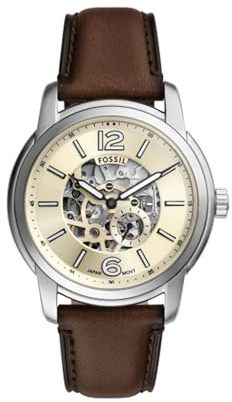 Fossil Reloj Analógico para Hombre de Automático con Correa en Cuero ME3264, Marrón Madera, Marrón y Crema
