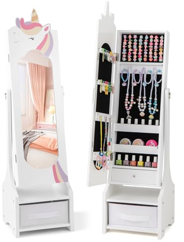 DREAMADE 2-in-1 Neigungsverstellbarer Kinderspiegel aus Holz, freistehender Standspiegel mit Schmuckschrank und Stoffbox für Kinder ab 3 Jahren (Weiß, Einhorn 1)
