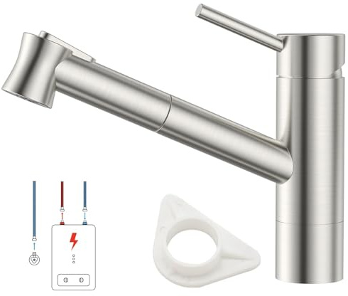 DAYONE Robinet de cuisine basse pression, mélangeur d'évier, acier inoxydable Mitigeur d'Evier Monocommande, Rotation à 360°, Chromé, Argent