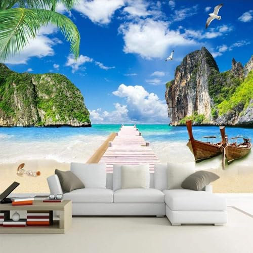 Blue Sky White Clouds Wooden Bridge Boat Beach Sea Mountains 3D Wallpaper Feature Office Living Room Sofa Bedroom TV Background Wall Decoration-430cm×300cm