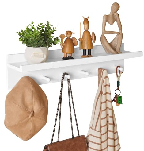 Aibiju Appendiabiti in Legno con Mensola da Parete, 60 cm, Mensola da Appendere alla Parete, per Bagno, Cucina, Cappotto, Asciugamano, Portachiavi, Bianco, YD-WS0260W
