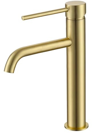 Go Bathrooms Tall Basin Mixer Tap Gold Countertop Vessel | Brushed gold tall mono basin mixer tap with single lever swivel handle for countertop vessel sinks.