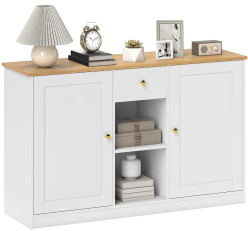 HOMCOM Sideboard Kommode Aufbewahrungsschrank 120 x 35 x 75,2 cm Weiß | mit Schublade, 2 Türen, 2 Offenen Ablagen, Küchenschrank, Buffetschrank, Beistellschrank, für Küche, Wohnzimmer