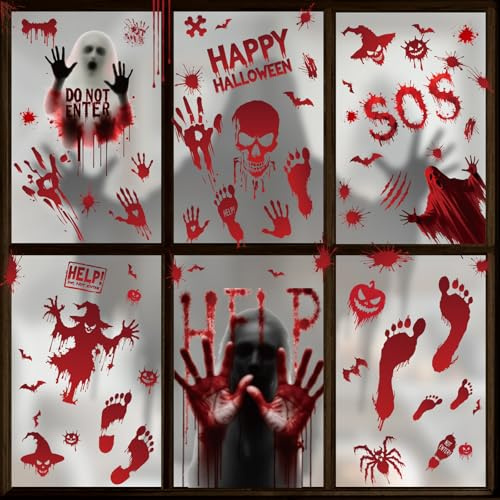 BBLIKE 10 Blätter Halloween Fensterbilder, Fensteraufkleber mit Blutige Handabdrücke, Zombie Silhouetten, Halloween Deko für Glastüren, Window, Party
