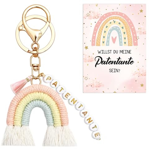 ePicsoa Patentante Schlüsselanhänger, 2025 Patentante Fragen Karte Kreative Regenbogen Schlüsselring Boho Eigenhändig Keychain Quaste Charm Geschenk Schwangerschaft Verkünden Baby Geburt Babyparty
