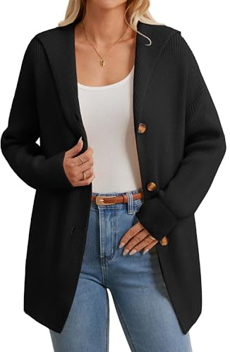 GRACE KARIN Damen Lang Strickjacke Herbst Casual Locker mit Kapuze Langarm Cardigan L Schwarz