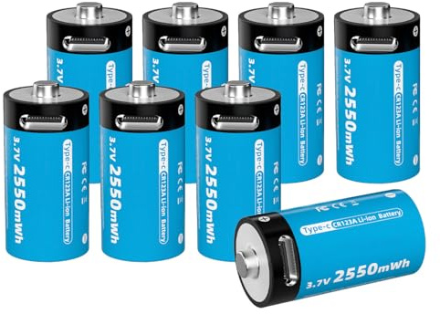 Pilas Recargables CR123A Paquete de 8 con Cable USB Tipo C Batería Litio 3,7V 2550mWh para Cámaras (VMC3030/VMK3200/VMS3330/3430/3530), Linternas y Micrófonos