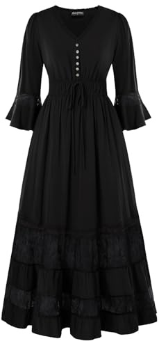 Damen Mittelalter Kleid Lang A-Linie V-Ausschnitt Elastische Taille Lässiges Kleid Schwarz XL