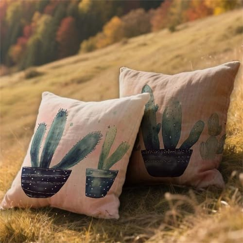 Cuscini Esterno Impermeabili Cactus Fodere Cuscini 70x70cm Grandi Decorativi Copricuscini Divano Set di 2,Quadrate Lino Guanciale Pianta per Giardino Balcone Cortile,Con Cerniera Invisibile AU-157