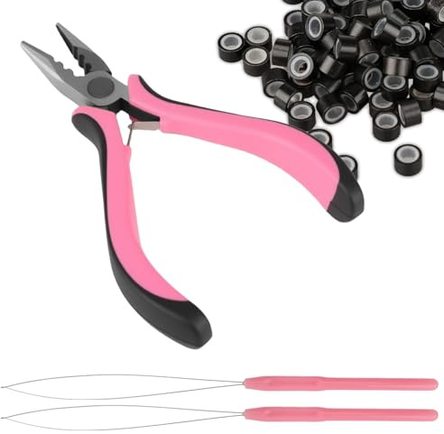 Nano Ring Hair Extensions Pliers Kit 4Pcs, Professional Nano Beads Hair Extensions Hair Loop Pull Through Tool Non-Slip Grip Brown Nano Beads Durable for Easy Hair Extension and Removal Tool