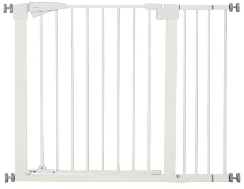 PawHut Cancelletto di Sicurezza per Cani 76-103x4.2x77 cm Bianco | Taglia Piccola e Media, Maniglia Fluorescente, Doppia Serratura Girevole, Chiusura Automatica, Cancello per Cani