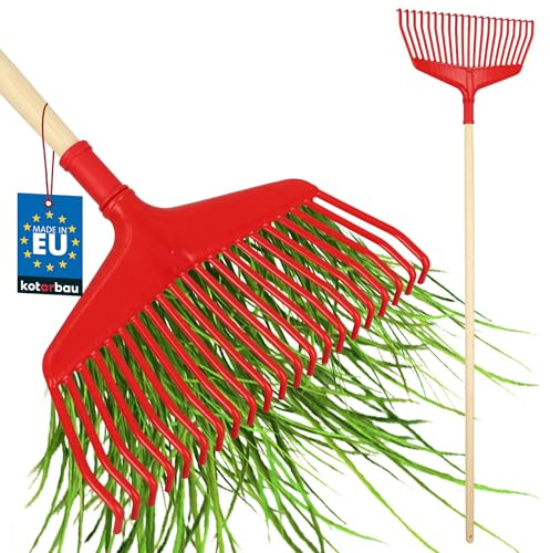 KOTARBAU® Laubrechen Kunststoff - 38 cm - mit Holzstiel 1,5 m - Extra-Click - Heurechen - Laubharke - Rechen für Herbstlaub & Heckenschnitt - Gartenrechen - Kunststoff - Rot & lackiertes Holz