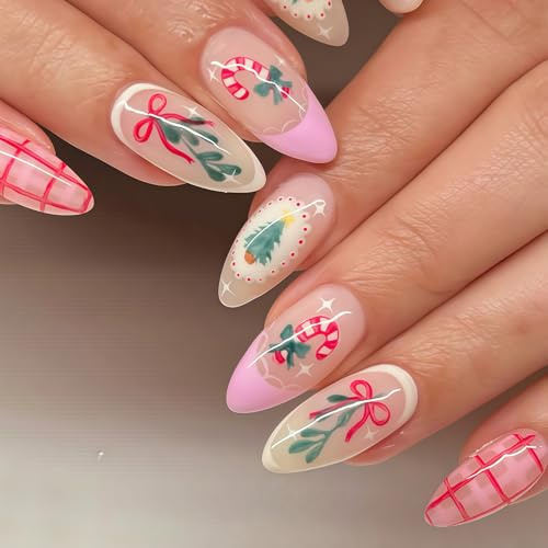 Auroriel 30 Pièces Noël Amande Presse Sur Ongles Français Pointe Rouge Carreaux Avec Sucre Berger Érable Motifs Autocollants Ongles Jolis Hiver Xmas Faux Ongles Pour Manu