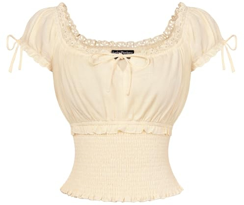 Renaissance Peasant Blouse for Women Short Sleeve Tops Beige S | Cute Summer Blouse, Square Neck, Smocked Waist Tops, for Casual, Y2k, Ren Fair