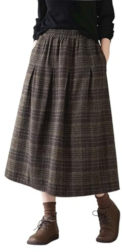 Tartan Skirt, Women's Plaid Midi Long Tweed Pleated Skirts for Women UK Elasticated Waist Knitted Checked A-Line Swing Brown Grey Ladies Kilt Winter Autumn Casual Fashion Oufits