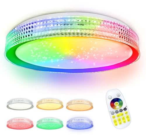 YZNAHRE LED Deckenlampe 60W RGB, Moderne Deckenleuchte mit Fernbedienung, Acryl + Metall, Wohnzimmer & Küche, Sternenhimmel-Effekt, Grau