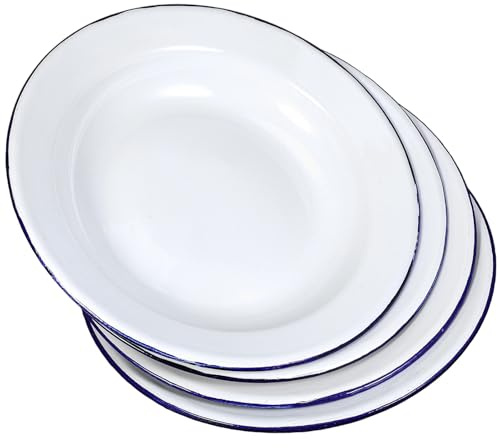 Assiettes Rondes en Émail Blanches 4 Pièces à Bord Plat, Rétro | Dîner à Maison ou Repas Formels, Forme Peu Profonde, Faciles à Nettoyer, Solides et Fiables