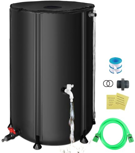 SKM Collapsible Rain Barrel, PVC Rain Water Collection System and Water Tank for Outdoor/Garden/Lawn, Portable Rain Water Collection Barrel Container with Spigots & Overflow Kit, 100Gallon, Black