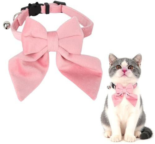 MOTIBACK 1 Stück Rosa Katzenhalsband mit Schleife und Glocke, Sicherheitsverschluss mit Katzenmotiv, Verstellbar 20–28 cm, Für Katzen und Kleine Hunde