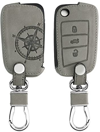 kwmobile Autoschlüssel Hülle kompatibel mit VW Golf 7 MK7 3-Tasten Autoschlüssel - Kunstleder Schutzhülle Schlüsselhülle Cover Kompass Vintage Grau