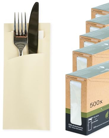 Prime Guest Bestecktasche Prime Fit 85x190mm, mit 2-lagiger Tissue-Serviette in Weiß Bestecktaschen mit Serviette ideal für Gastronomie und Feiern 500 Stück (Champagner)
