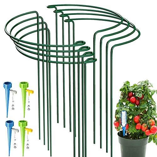 8 Pack Half Round Garden Plant Support Stakes, Metal Bow Type Flower Supports Ring Cage with 4 Self Watering Spikes for Peonies, Hydrangea, Interlinking to Make Garden Border, Rows, Circles(25x40cm)