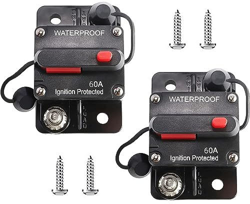 RED WOLF 2pcs 60A Circuit Breaker Waterproof Car Audio Inline Circuit Breaker with Manual Reset Fuse Holder Inverter,for Car Motor Marine Boat,for Car Audio Solar Inverter System Protection,DC 12V-48V