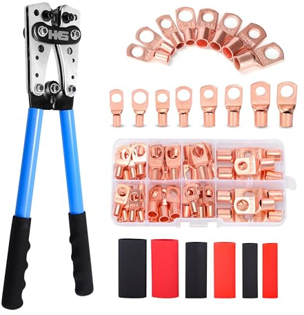 HKS Battery Cable Crimping Tool Kit – Heavy Duty Wire Crimper for AWG 10-1, Includes 60pcs Copper Ring Terminals & 60pcs 3:1 Heat Shrink Tubing, Ideal for Battery Cables