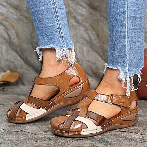 HHZY Sandalias Cuña Deportivas para Mujer Sandalias Punta Cerrada Cross Tie Playas de Verano Plataforma Concisa Antideslizante Moda Al Aire Libre,Marrón,38