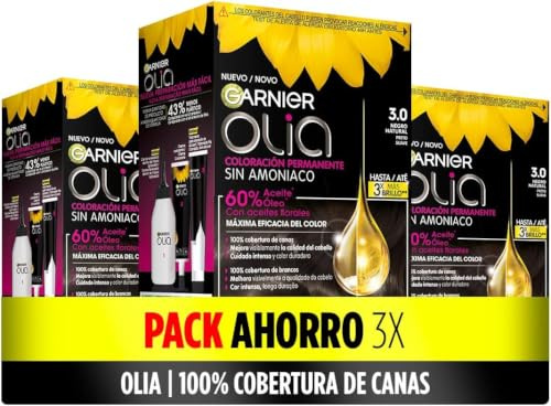 Olia Garnier - Pack de 3 coloración permanente con aceites florales origen natural sin amoniaco para un olor agradable, color tono 3.0 negro natural