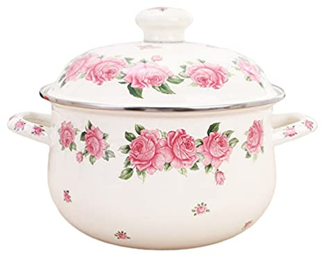YARNOW Pink Enamel Cooking Pot 10 Inch Flat Bottom Stockpot with Double Handles Household Soup Stew Pot for Kitchen Use