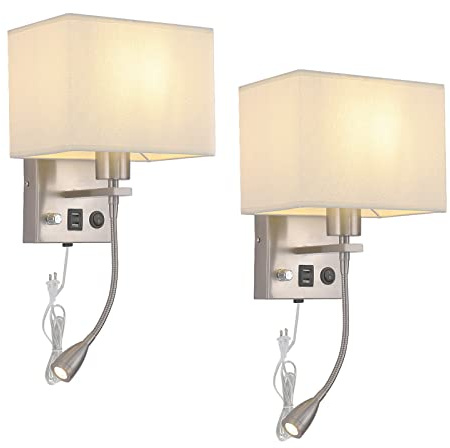 Galtlap Wall Sconce Plug in Cord Set of 2, Bedside Wall Mount Lights with Dimmable Switch, LED Bedroom Wall Lighting Fixtures with Reading Lamp USB Ports Brushed Nickel
